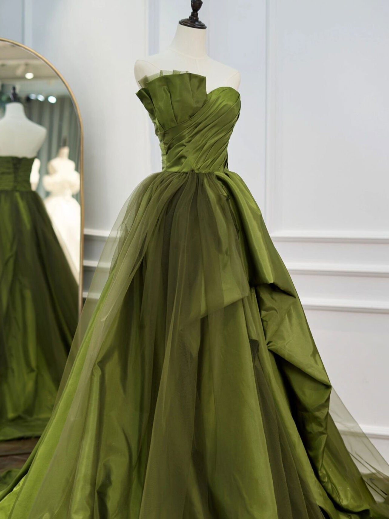 Green Satin and Tulle Long Formal Dress Party Dress, Green Ruffle Tiered Prom Dresses