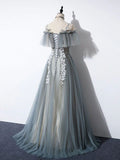 Grey Tulle with White Lace A-line Off Shoulder Party Dress, A-line Grey Evening Dress