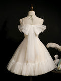 Cute Light Champagne Tulle with Lace and Beadings Party Dress, Short Prom Dress