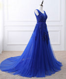 Royal Blue Tulle Long Party Dress with Lace Applique, Blue Evening Party Dress