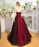 Black and Red Beaded Scoop Long Tulle Party Dress, A-line Beaded Prom Dress