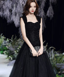 Black Off Shoulder Tulle Floor Length Party Dress, Black Wedding Party Dress