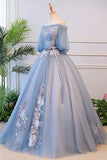 Blue Tulle with Lace Applique Off Shoulder Party Dress, Blue Sweet 16 Dresses