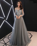 Grey Long Sleeves Tulle with Flowers Formal Dress, A-line Grey Prom Dress