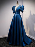 Blue Satin Long Simple Open Back Party Dress, Blue Floor Length Prom Dress