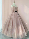 Pink Ball Gown Tulle Long Prom Dress ,Tulle Lace Short Sleeves Party Dress