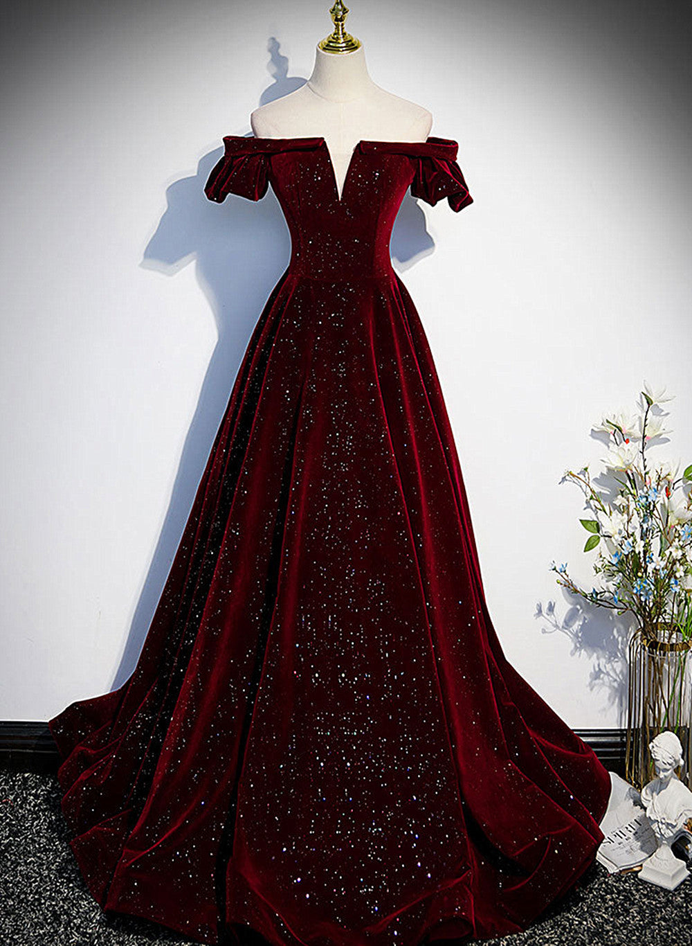 Wine Red Velvet Long Party Dress, A-line Velvet Wedding Party Dress