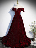 Wine Red Velvet Long Party Dress, A-line Velvet Wedding Party Dress