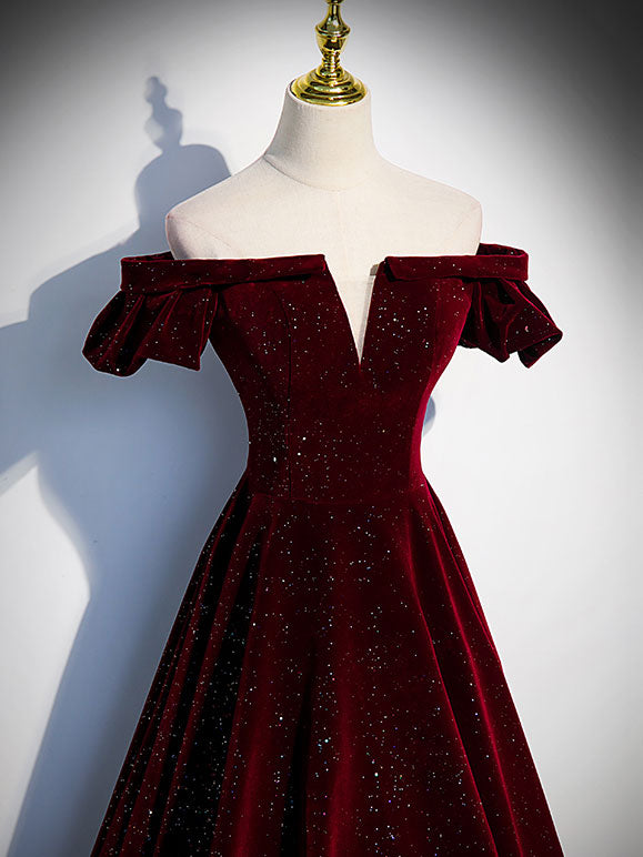 Wine Red Velvet Long Party Dress, A-line Velvet Wedding Party Dress