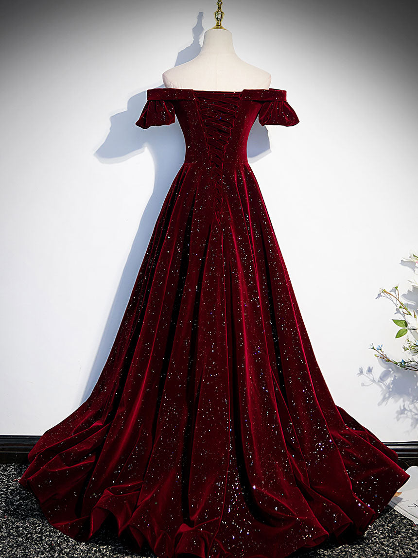 Wine Red Velvet Long Party Dress, A-line Velvet Wedding Party Dress