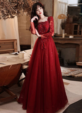 Wine Red Tulle Long Party Dress with Lace Sleeves, A-line Wine Red Formal Dress