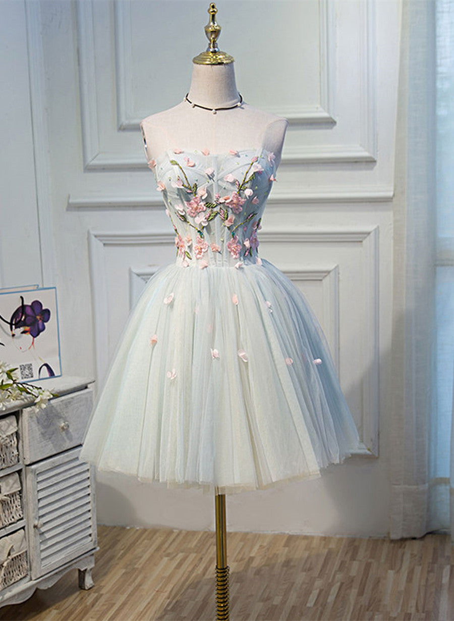 Cute Tulle Knee Length with Flowers Homecoming Dress, Blue Prom Dress