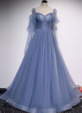 Blue Beaded Tulle Long Sleeves A-line Prom Dress, Blue Tulle Formal Dress Evening Dress