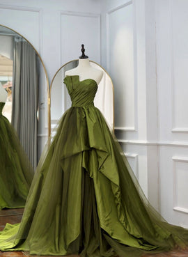 Green Satin and Tulle Long Formal Dress Party Dress, Green Ruffle Tiered Prom Dresses