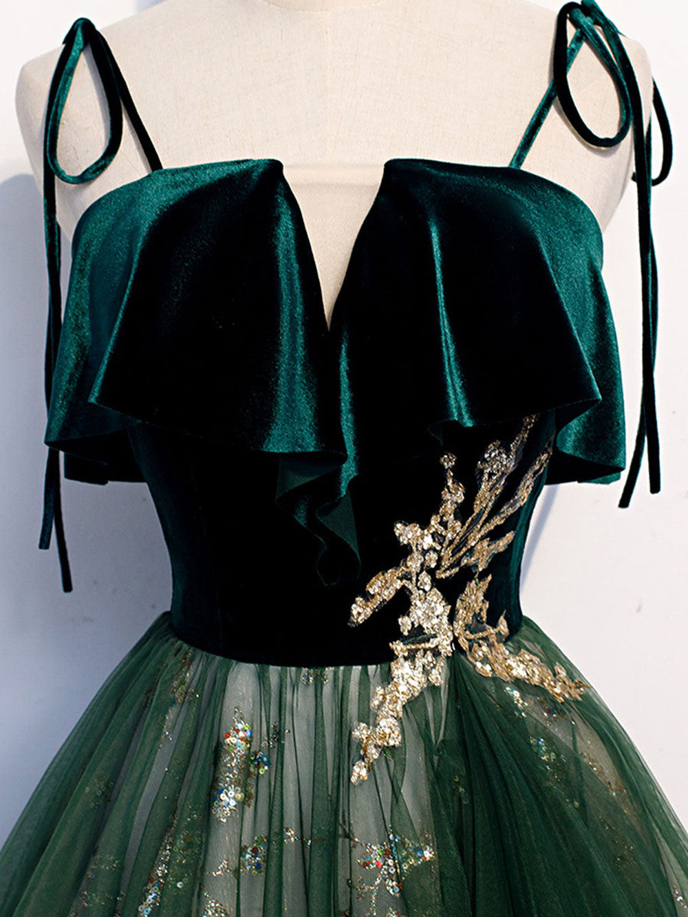 Green Straps Tulle with Velvet Long Formal Dress, Dark Green Party Dress