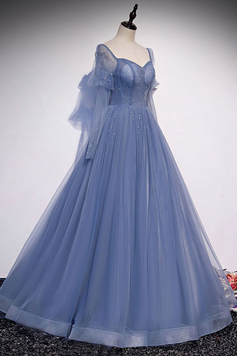 Blue Beaded Tulle Long Sleeves A-line Prom Dress, Blue Tulle Formal Dress Evening Dress