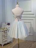 Cute Tulle Knee Length with Flowers Homecoming Dress, Blue Prom Dress