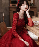 Wine Red Tulle Long Party Dress with Lace Sleeves, A-line Wine Red Formal Dress