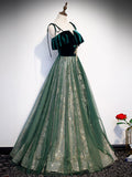 Green Straps Tulle with Velvet Long Formal Dress, Dark Green Party Dress