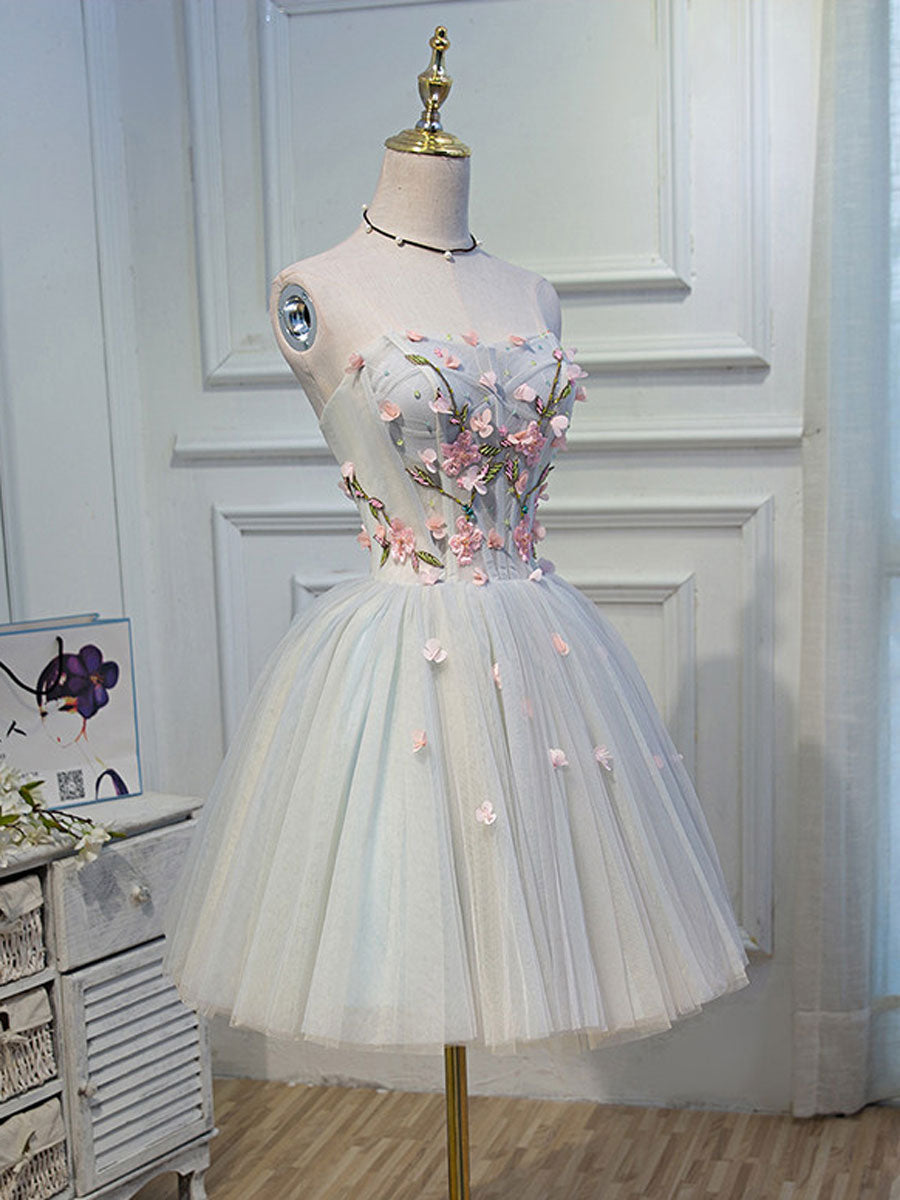 Cute Tulle Knee Length with Flowers Homecoming Dress, Blue Prom Dress