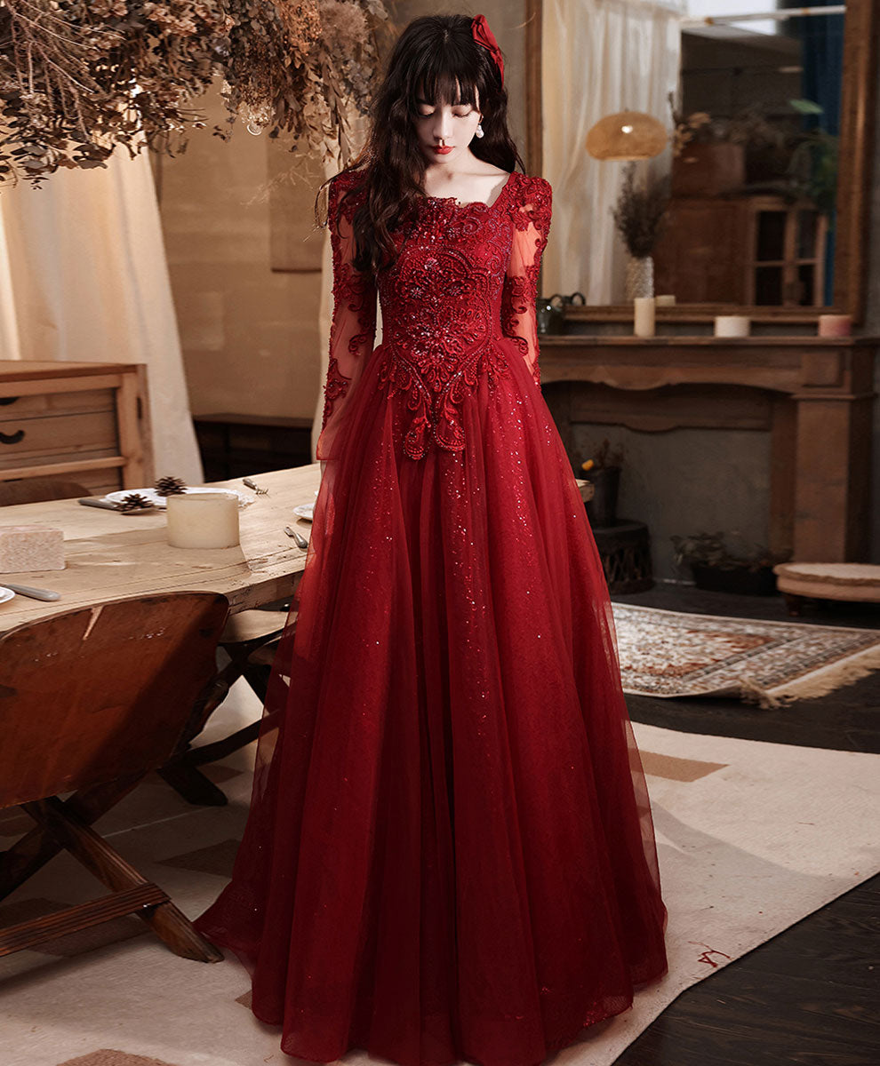 Wine Red Tulle Long Party Dress with Lace Sleeves, A-line Wine Red Formal Dress