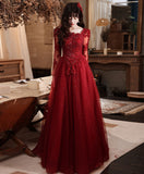 Wine Red Tulle Long Party Dress with Lace Sleeves, A-line Wine Red Formal Dress