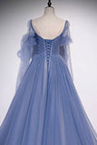 Blue Beaded Tulle Long Sleeves A-line Prom Dress, Blue Tulle Formal Dress Evening Dress