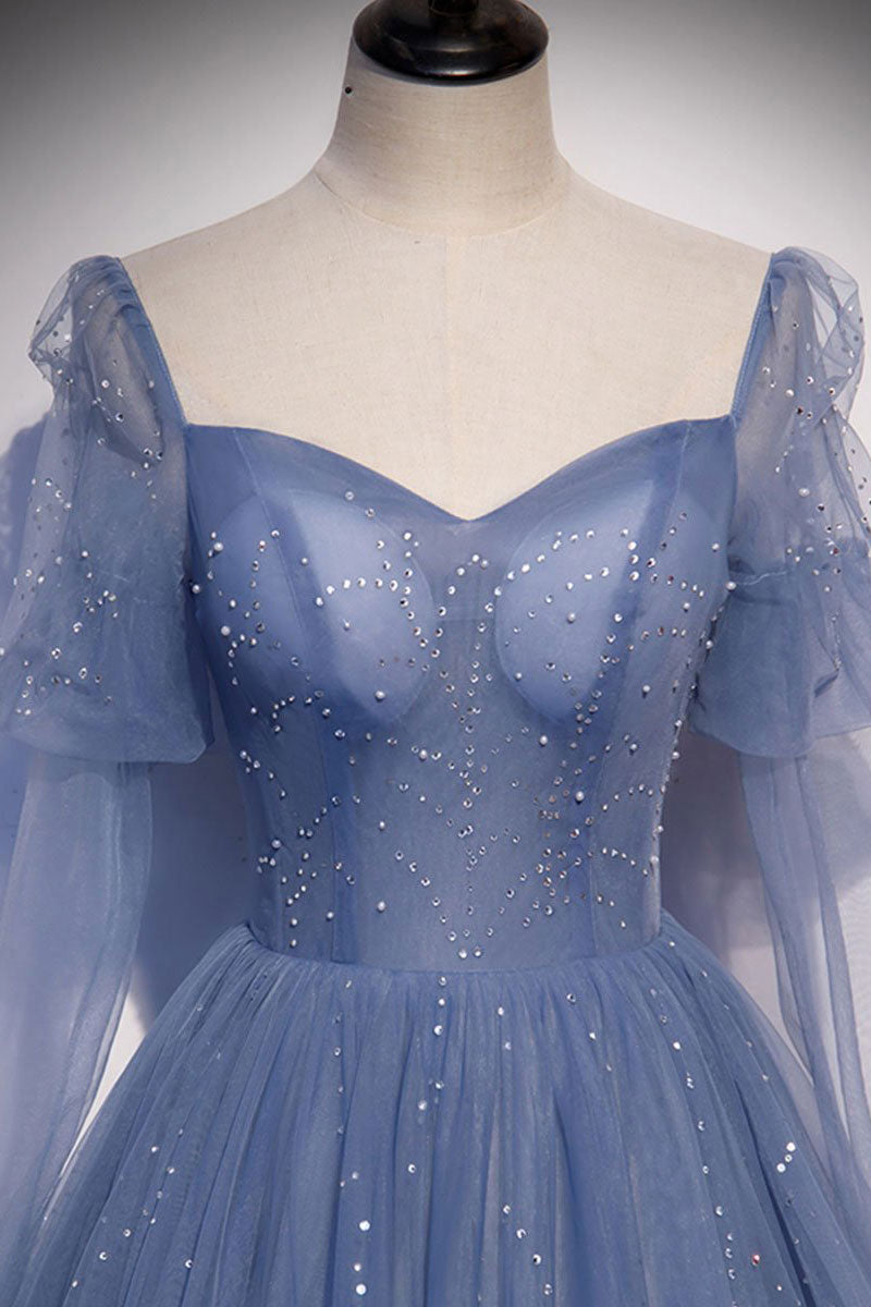 Blue Beaded Tulle Long Sleeves A-line Prom Dress, Blue Tulle Formal Dress Evening Dress