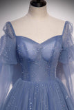 Blue Beaded Tulle Long Sleeves A-line Prom Dress, Blue Tulle Formal Dress Evening Dress