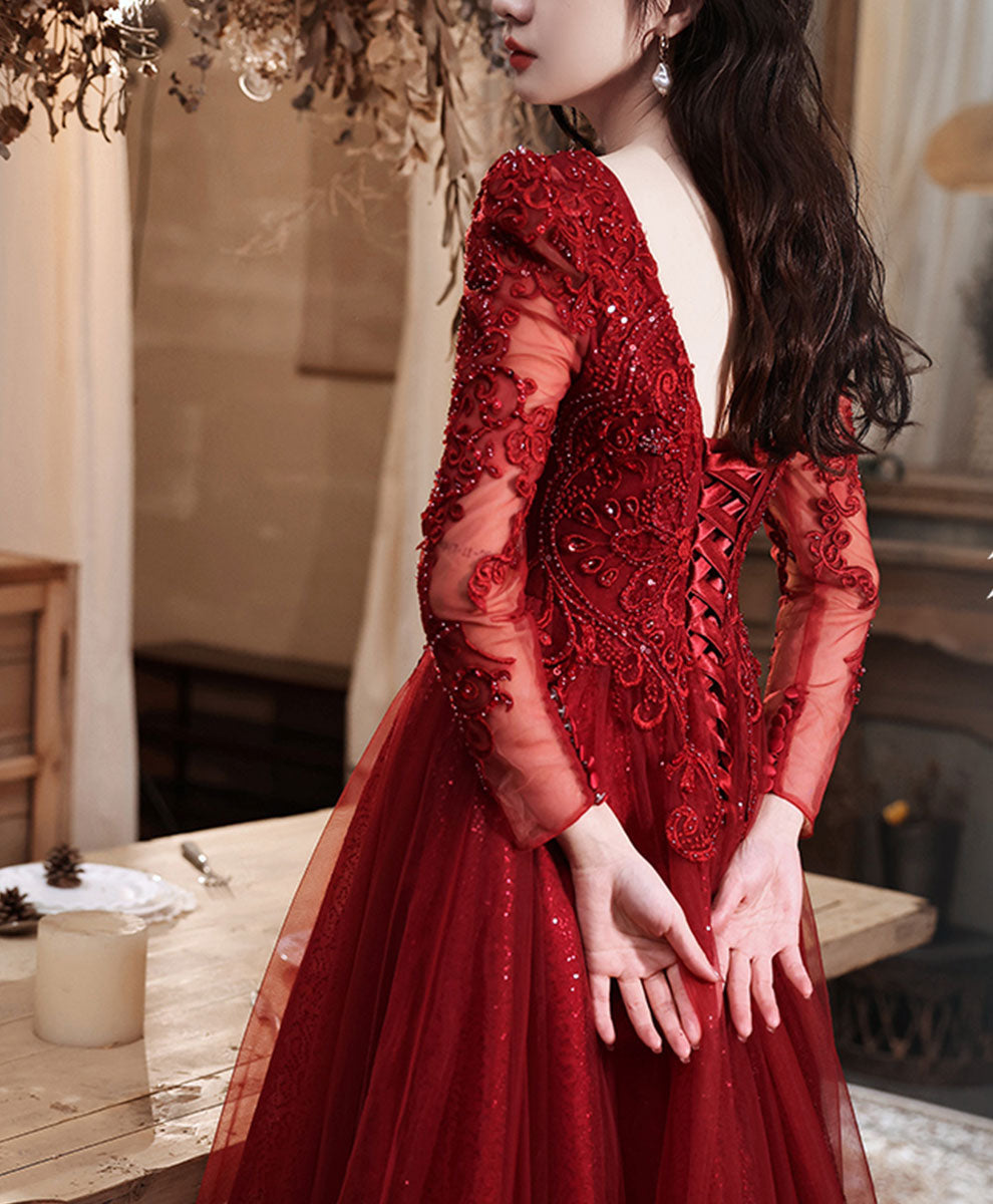 Wine Red Tulle Long Party Dress with Lace Sleeves, A-line Wine Red Formal Dress