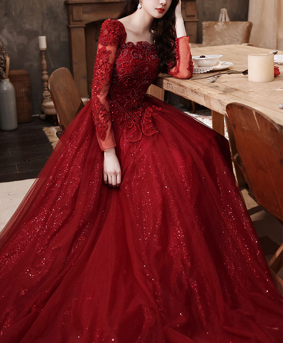 Wine Red Tulle Long Party Dress with Lace Sleeves, A-line Wine Red Formal Dress