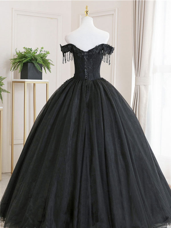 Black Off Shoulder Tulle with Lace Ball Gown Sweet 16 Dress, Black Eve ...