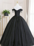 Black Off Shoulder Tulle with Lace Ball Gown Sweet 16 Dress, Black Evening Prom Dress