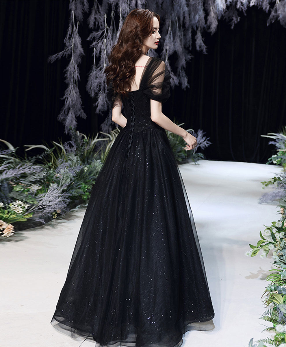 Black Off Shoulder Tulle Floor Length Party Dress, Black Wedding Party Dress