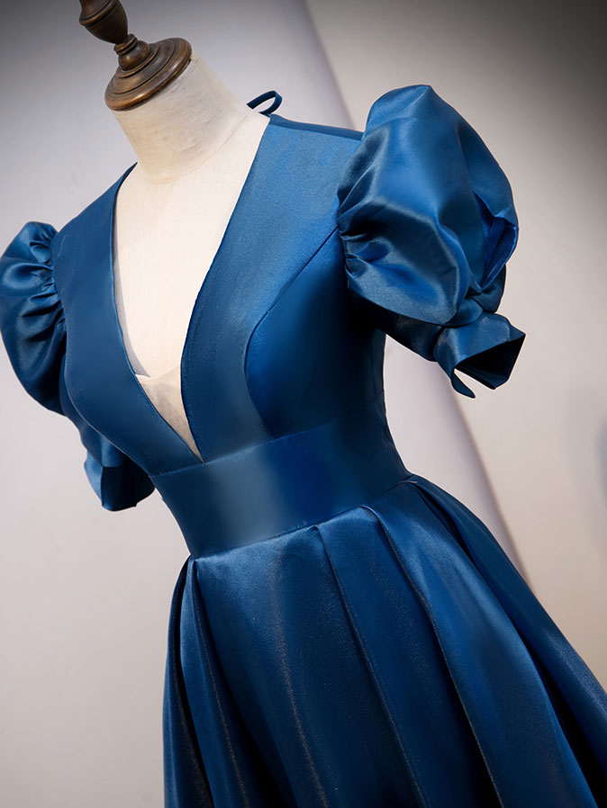 Blue Satin Short Sleeves Formal Dress, Blue Long Prom Dress