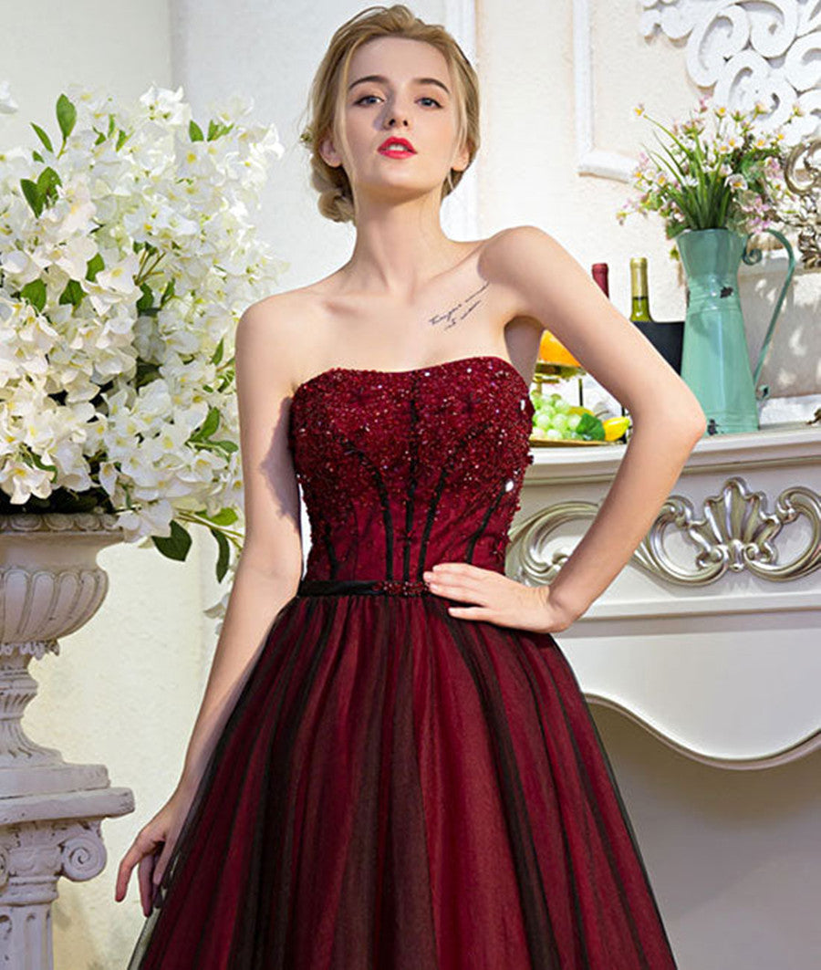 Black and Red Beaded Scoop Long Tulle Party Dress, A-line Beaded Prom Dress