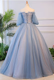 Blue Tulle with Lace Applique Off Shoulder Party Dress, Blue Sweet 16 Dresses