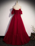 Wine Red Tulle Short Sleeves Tulle Long Party Dress, Wine Red Evening Dress