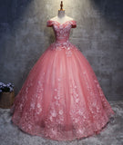 Dark Pink Princess Flowers Off Shoulder Sweet 16 Dress, Pink Formal Gown