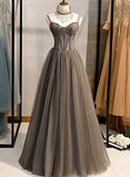 Grey Beaded Sweetheart Tulle Floor Length Party Dress, Grey Long Prom Dress