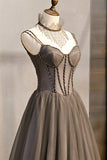 Grey Beaded Sweetheart Tulle Floor Length Party Dress, Grey Long Prom Dress