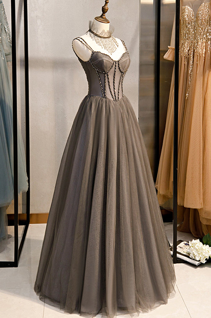 Grey Beaded Sweetheart Tulle Floor Length Party Dress, Grey Long Prom Dress