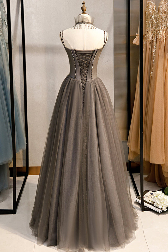 Grey Beaded Sweetheart Tulle Floor Length Party Dress, Grey Long Prom Dress