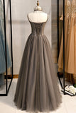 Grey Beaded Sweetheart Tulle Floor Length Party Dress, Grey Long Prom Dress