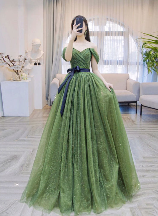 Shiny Off Shoulder Green Tulle Long A-line Prom Dress, Green Long Party Dress