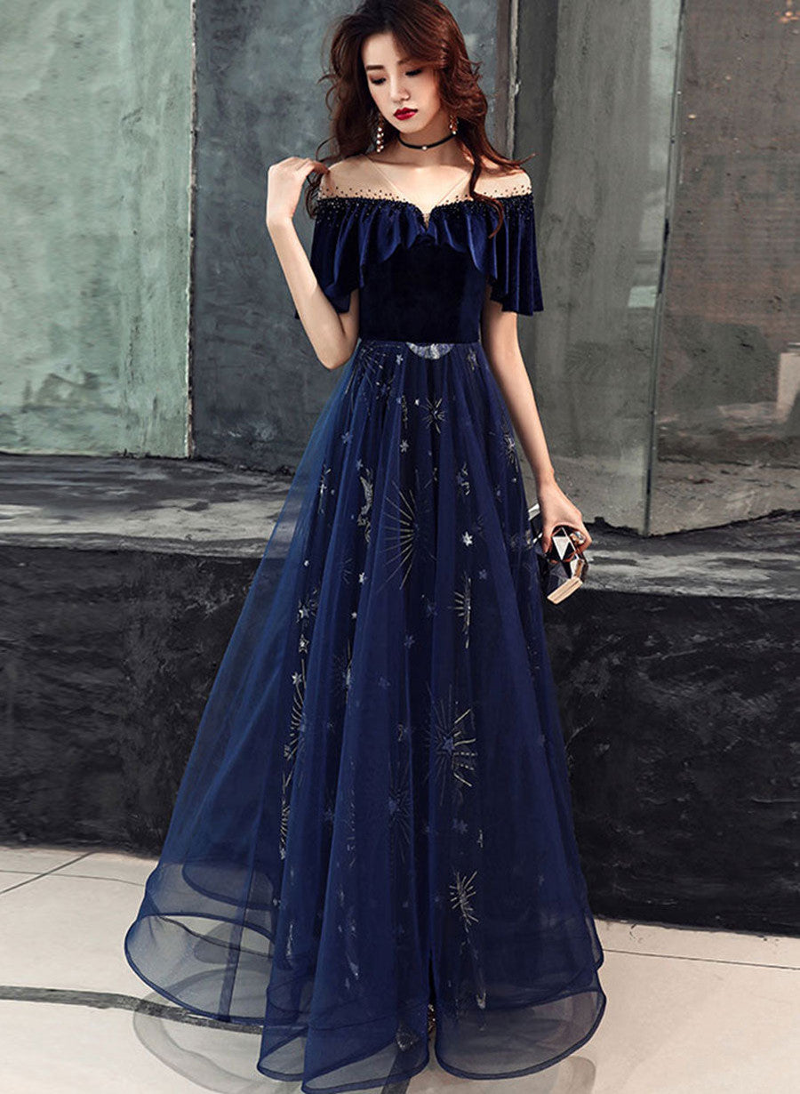 Navy Blue Tulle and Velvet Long Party Dress, A-line Blue Floor Length