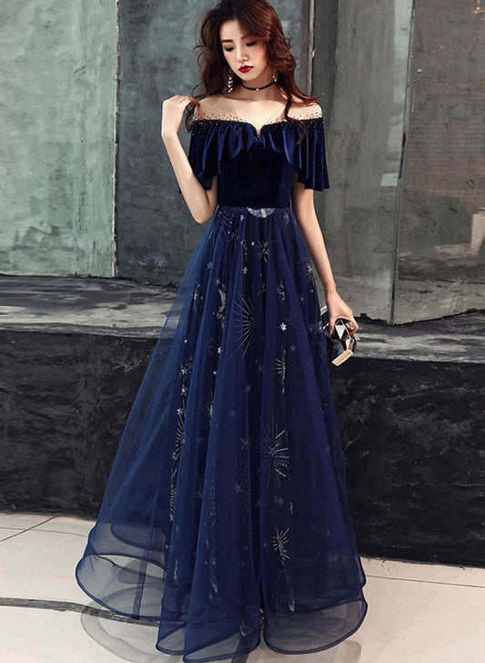 Navy Blue Tulle and Velvet Long Party Dress, A-line Blue Floor Length Prom Dress