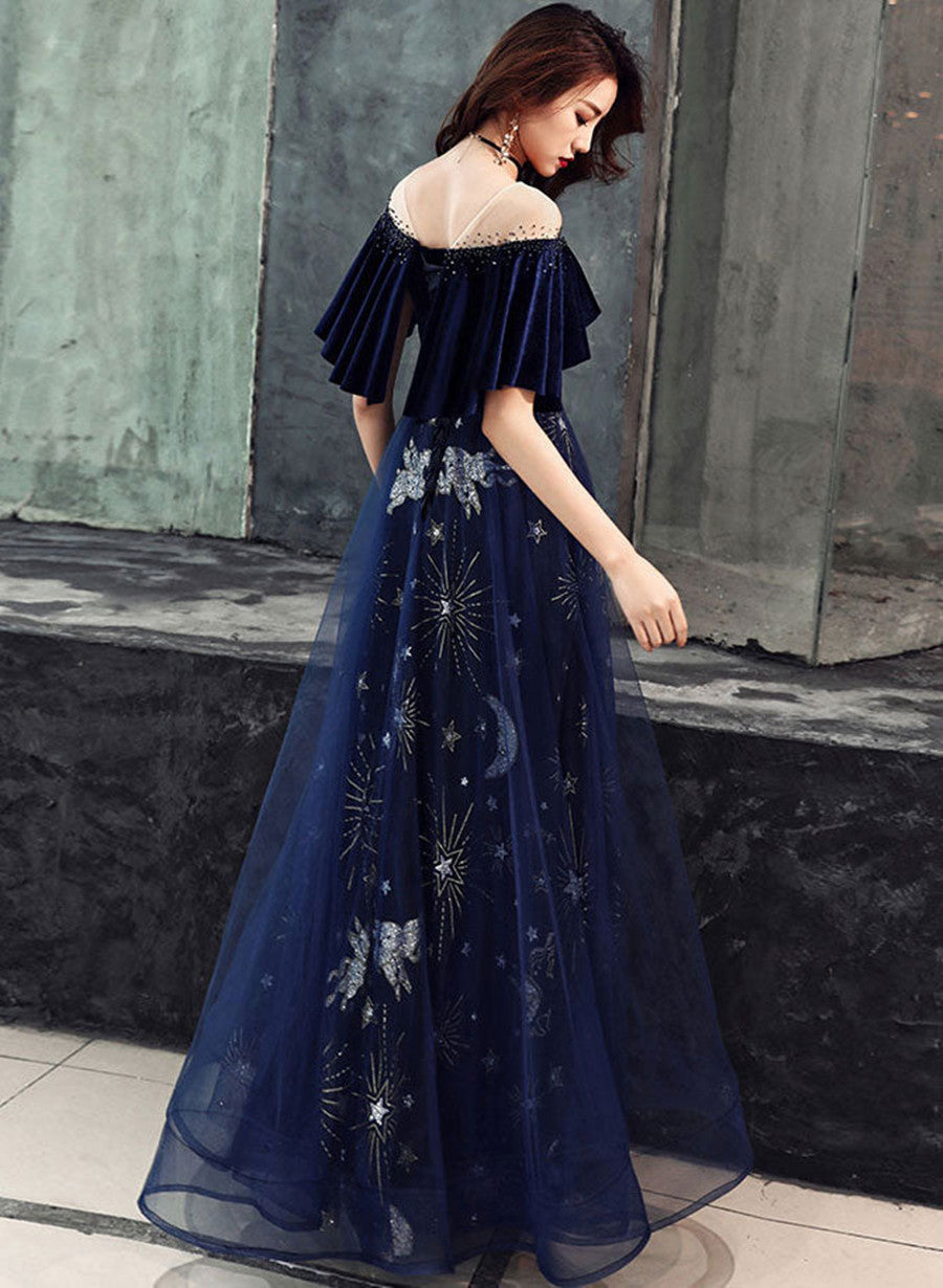 Navy Blue Tulle and Velvet Long Party Dress, A-line Blue Floor Length Prom Dress