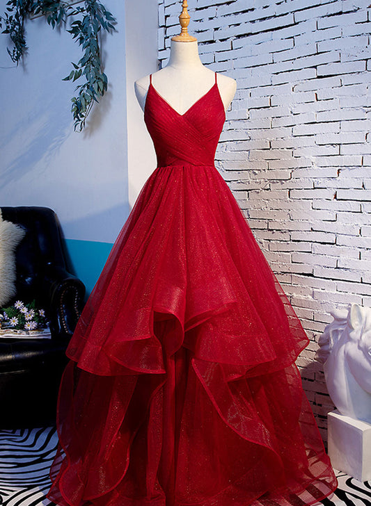 Red V-neckline Tulle Straps Long Formal Dress, Red Layers Prom Dress