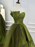 Green Satin and Tulle Long Formal Dress Party Dress, Green Ruffle Tiered Prom Dresses